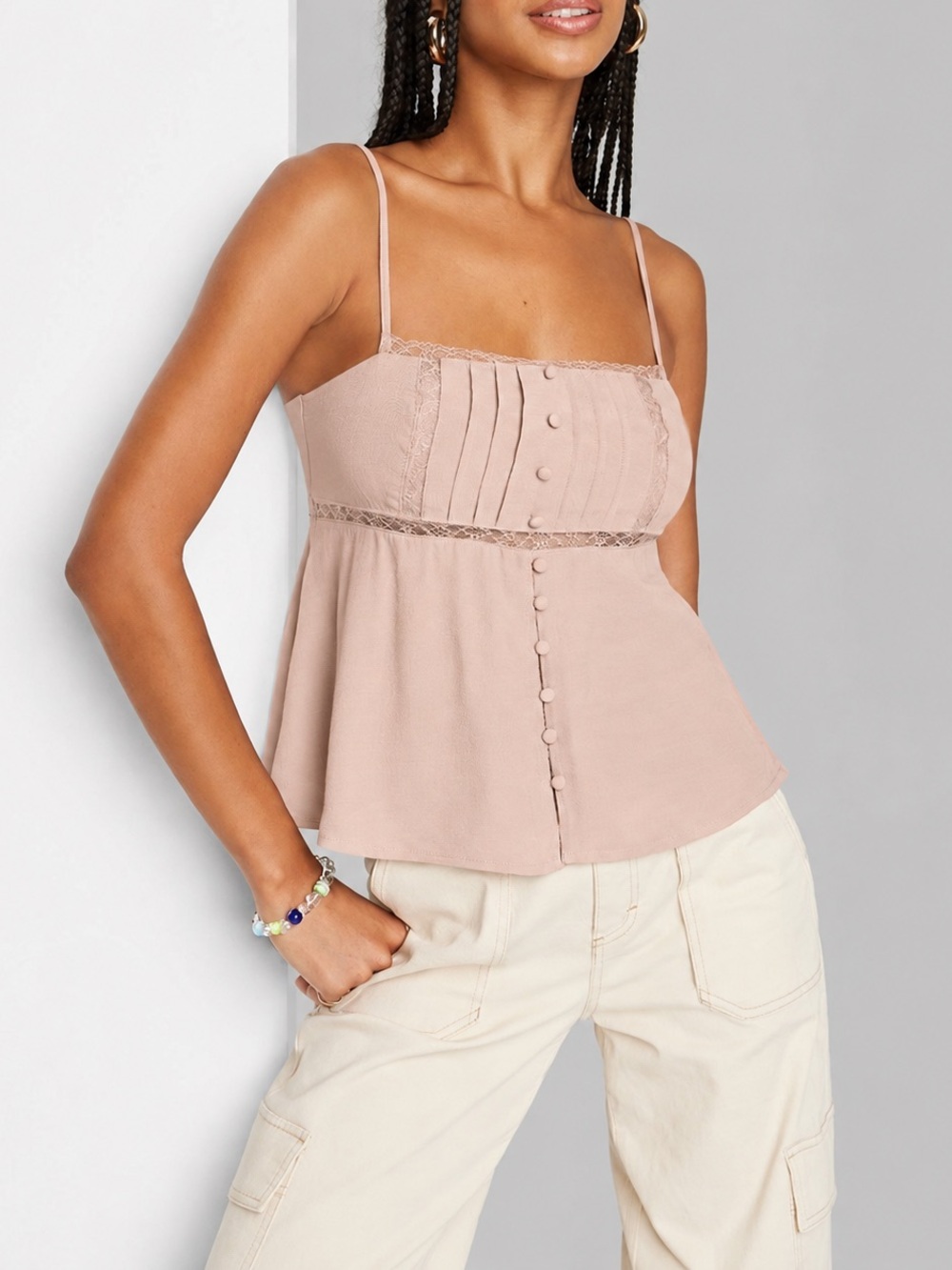 Wild Fable Cami Top Women’s XS Taupe Lace Trim Button Front Peplum Y2K